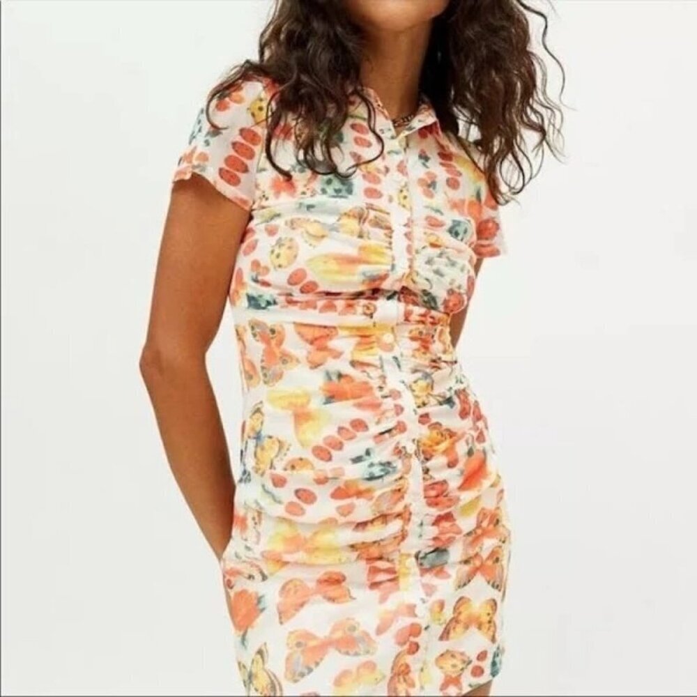 Urban Outfitters Riko Insect Ruched Nylon Mesh Dress Size MED Orange Colors